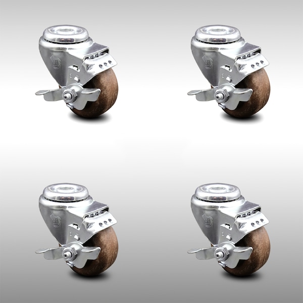 3 Inch SS High Temp Glass Filled Nylon Swivel Bolt Hole Caster Set with Brake